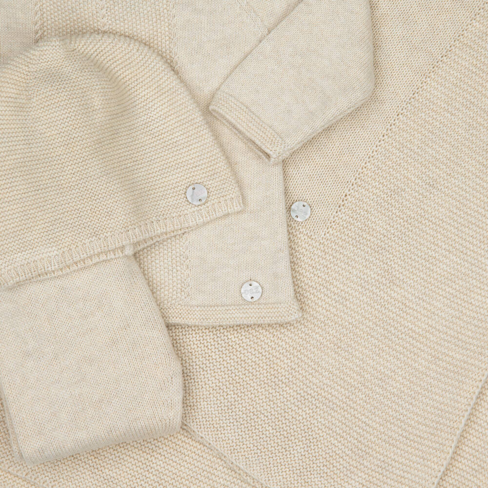 PAZ Rodríguez-Beige Cotton Knit Babysuit Gift Set with Blanket | Childrensalon