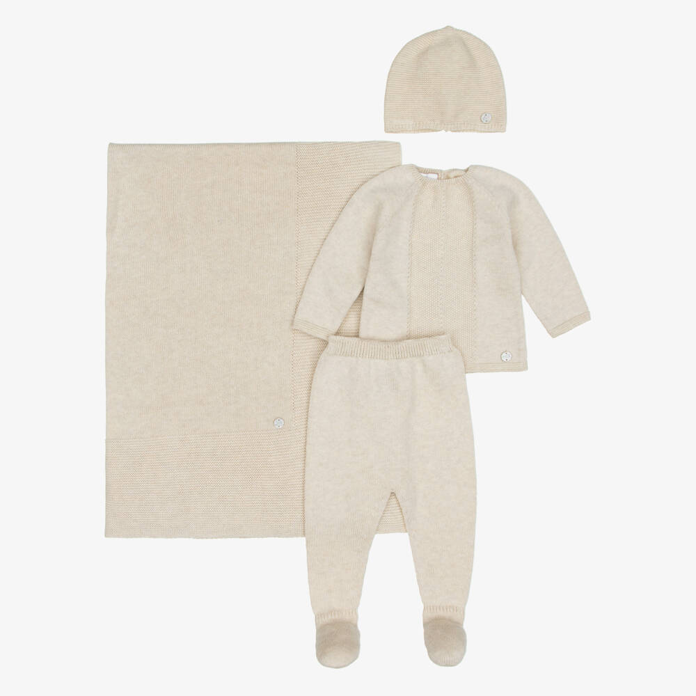 PAZ Rodríguez-Beige Cotton Knit Babysuit Gift Set with Blanket | Childrensalon