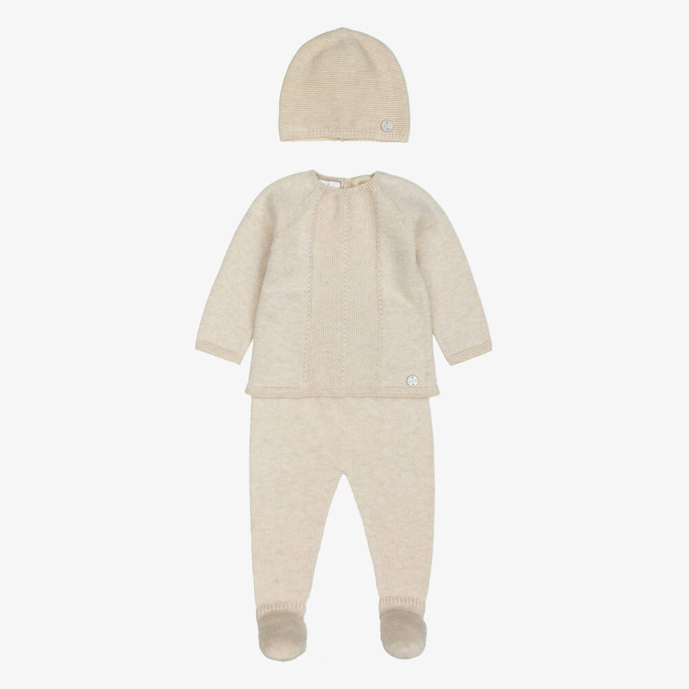 PAZ Rodríguez-Beige Cotton Knit Babysuit Gift Set with Blanket | Childrensalon