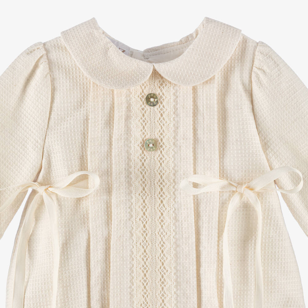 PAZ Rodríguez- Beige Cotton Shortie with Lace & Bow Trims | Childrensalon