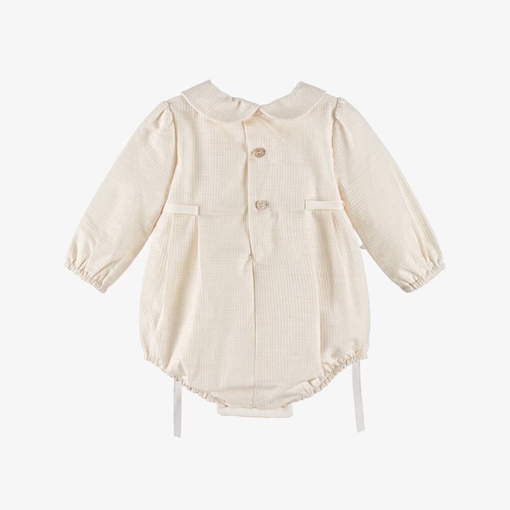 PAZ Rodríguez- Beige Cotton Shortie with Lace & Bow Trims | Childrensalon