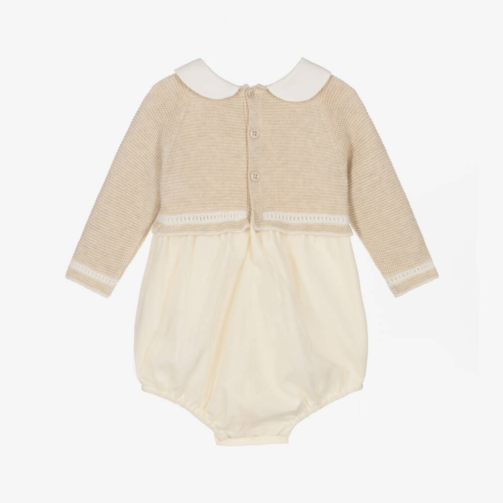 PAZ Rodríguez-Beige & Ivory Knitted Shortie with Peter Pan Collar | Childrensalon