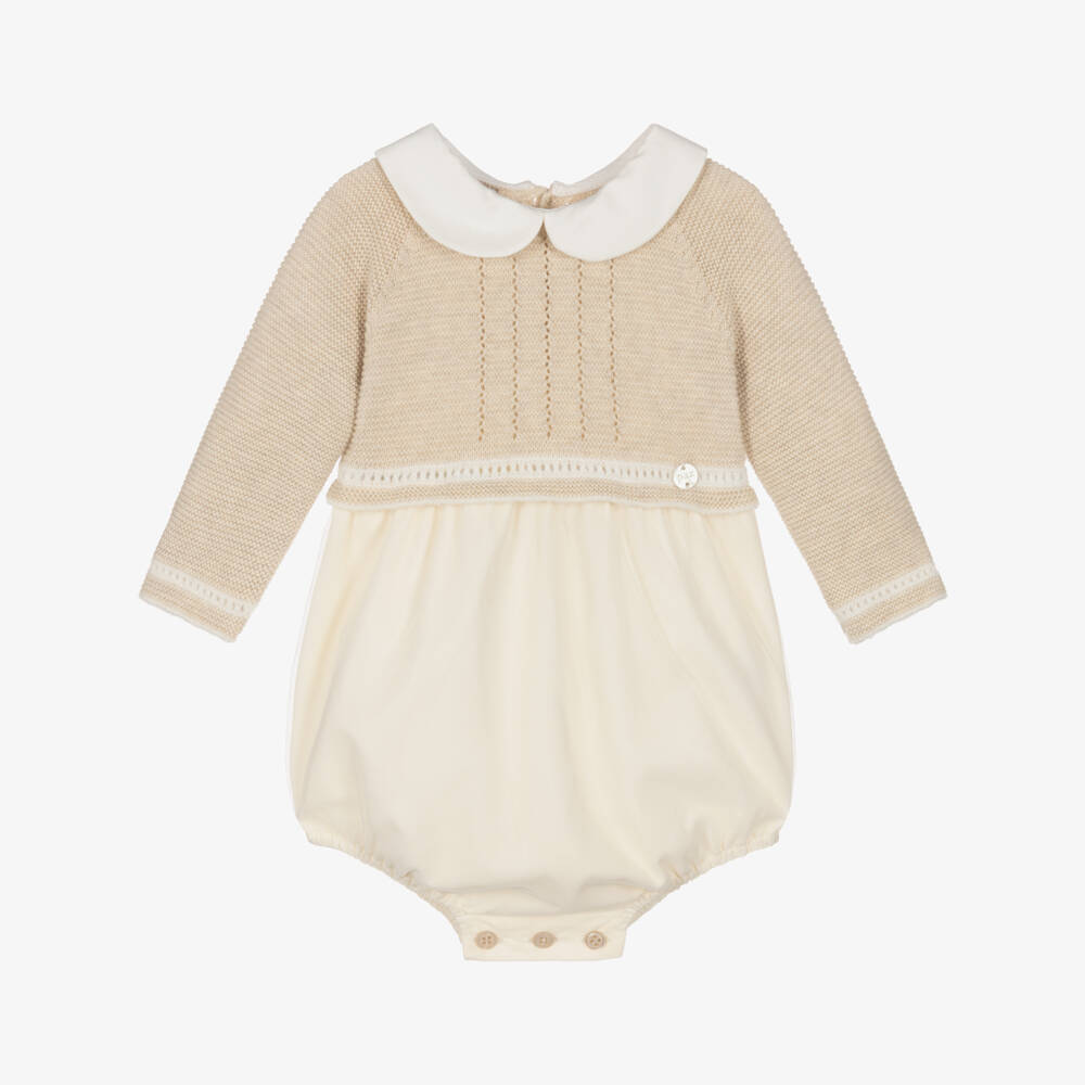 PAZ Rodríguez-Beige & Ivory Knitted Shortie with Peter Pan Collar | Childrensalon
