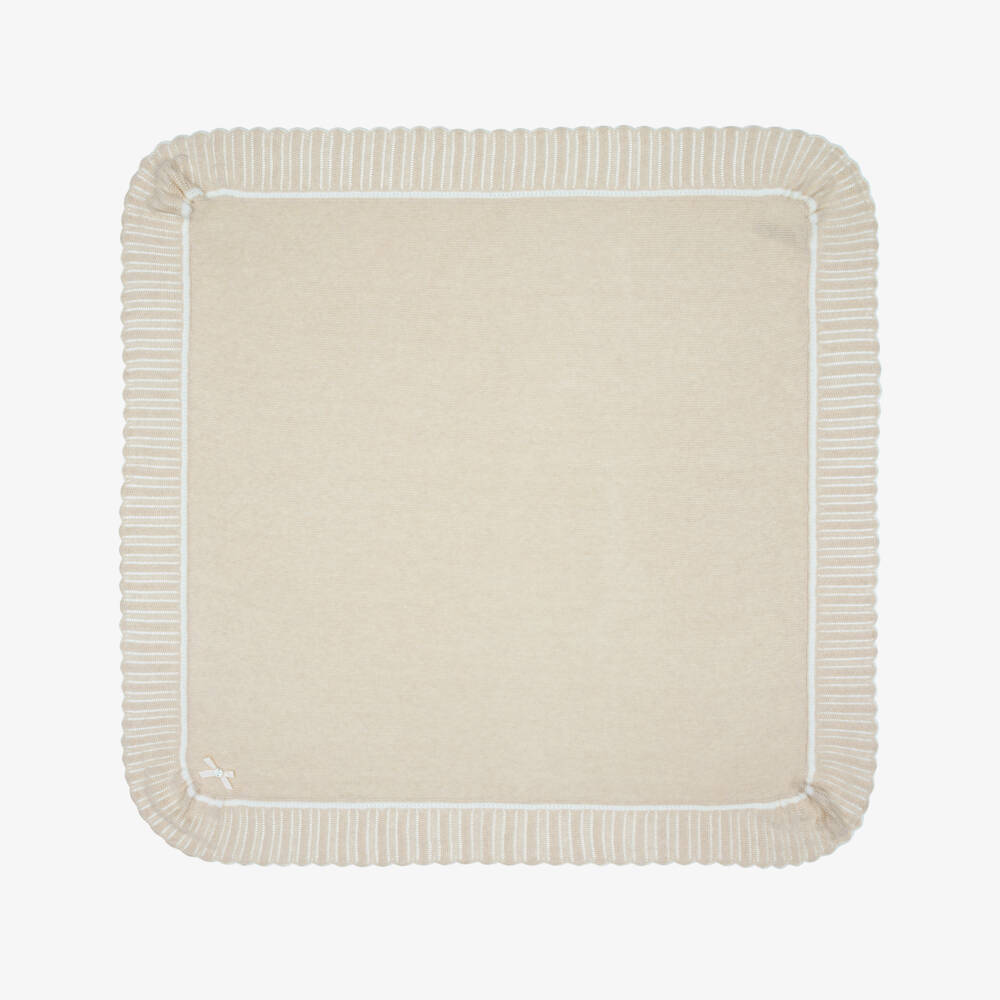 PAZ Rodríguez-Beige Knitted Baby Shawl with Scalloped Border (106cm) | Childrensalon
