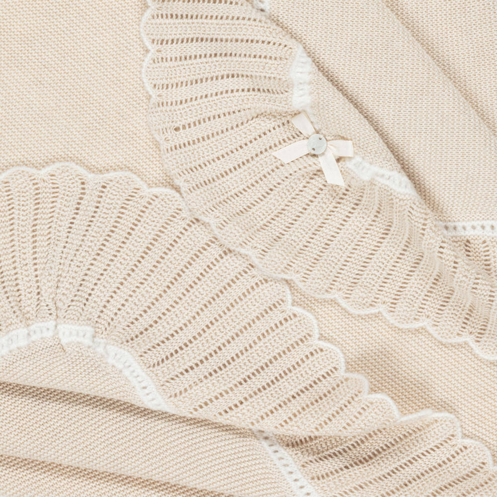 PAZ Rodríguez-Beige Knitted Baby Shawl with Scalloped Border (106cm) | Childrensalon