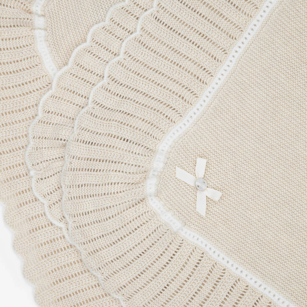PAZ Rodríguez-Beige Knitted Baby Shawl with Scalloped Border (106cm) | Childrensalon