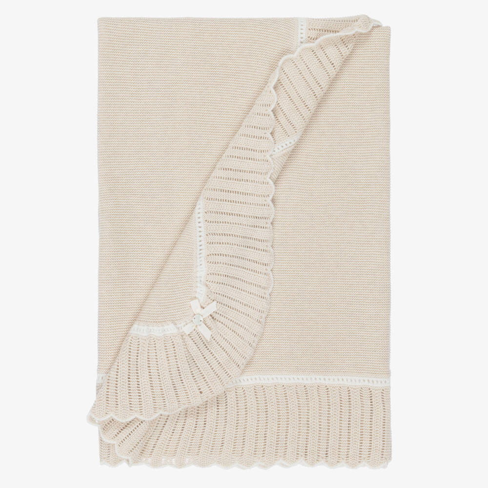 PAZ Rodríguez-Beige Knitted Baby Shawl with Scalloped Border (106cm) | Childrensalon