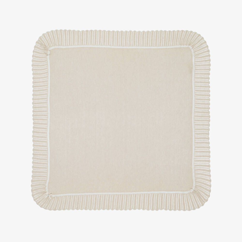 PAZ Rodríguez-Beige Knitted Baby Shawl with Scalloped Border (106cm) | Childrensalon