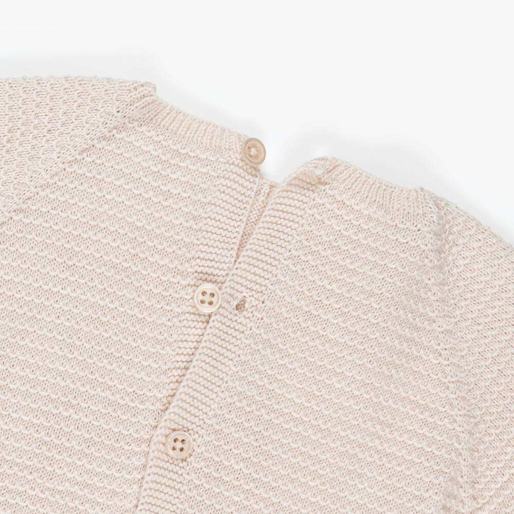 PAZ Rodríguez-Beige Textured Cotton Knit Baby Shorts Set with Lace Trim | Childrensalon