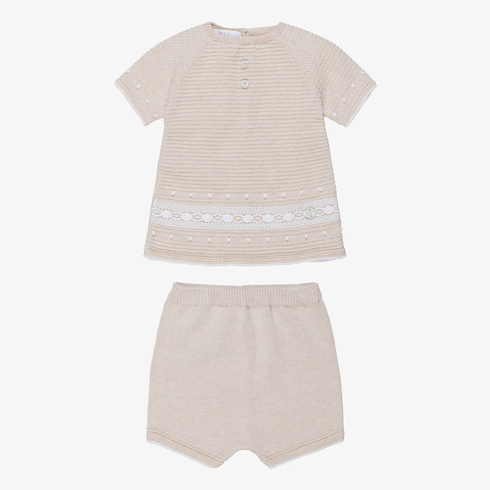 PAZ Rodríguez-Beige Textured Cotton Knit Baby Shorts Set with Lace Trim | Childrensalon