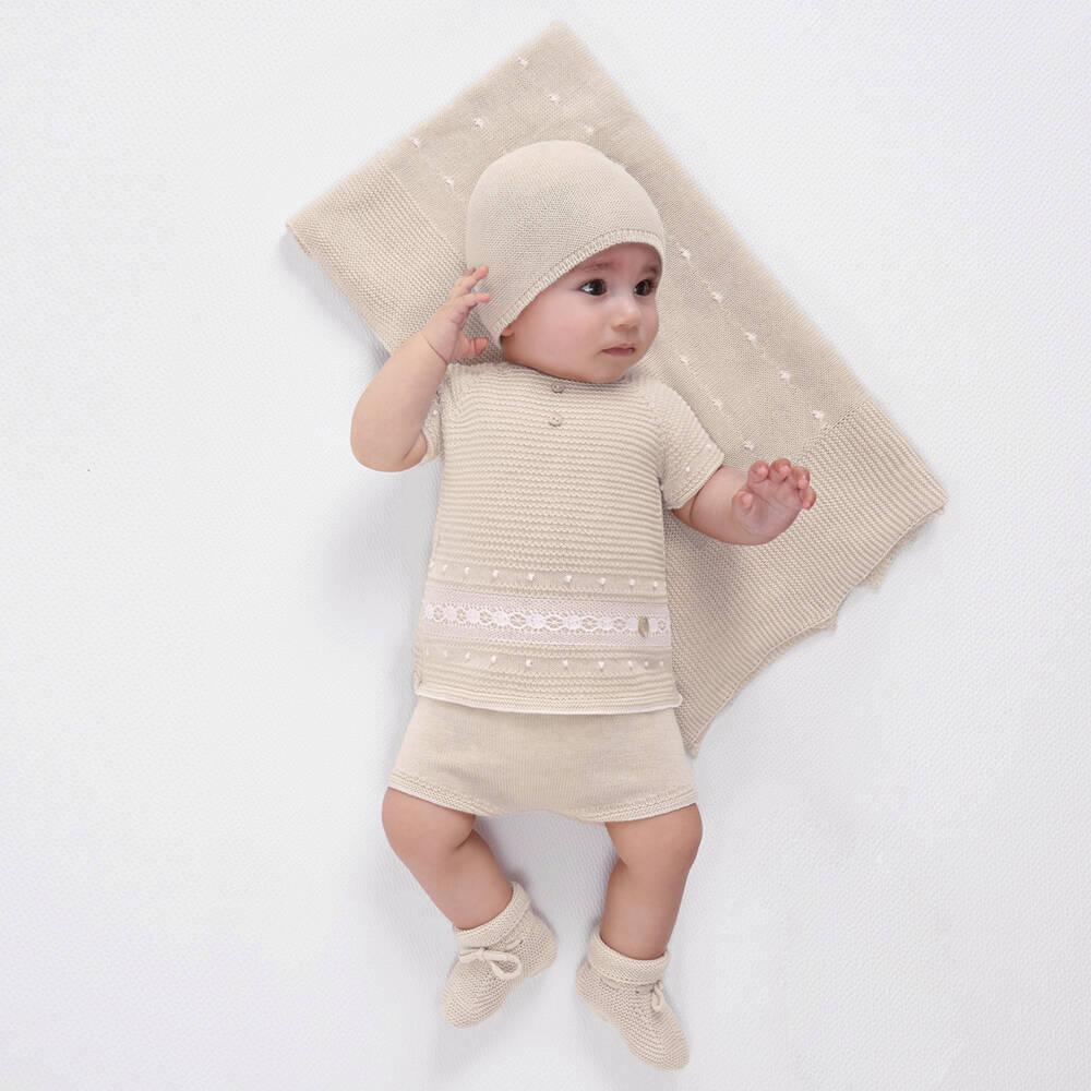 PAZ Rodríguez-Beige Textured Cotton Knit Baby Shorts Set with Lace Trim | Childrensalon