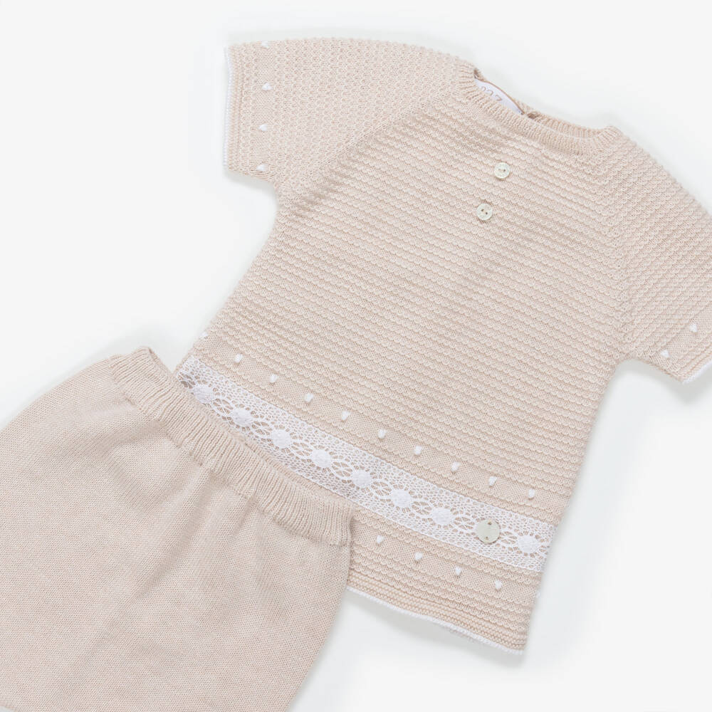PAZ Rodríguez-Beige Textured Cotton Knit Baby Shorts Set with Lace Trim | Childrensalon