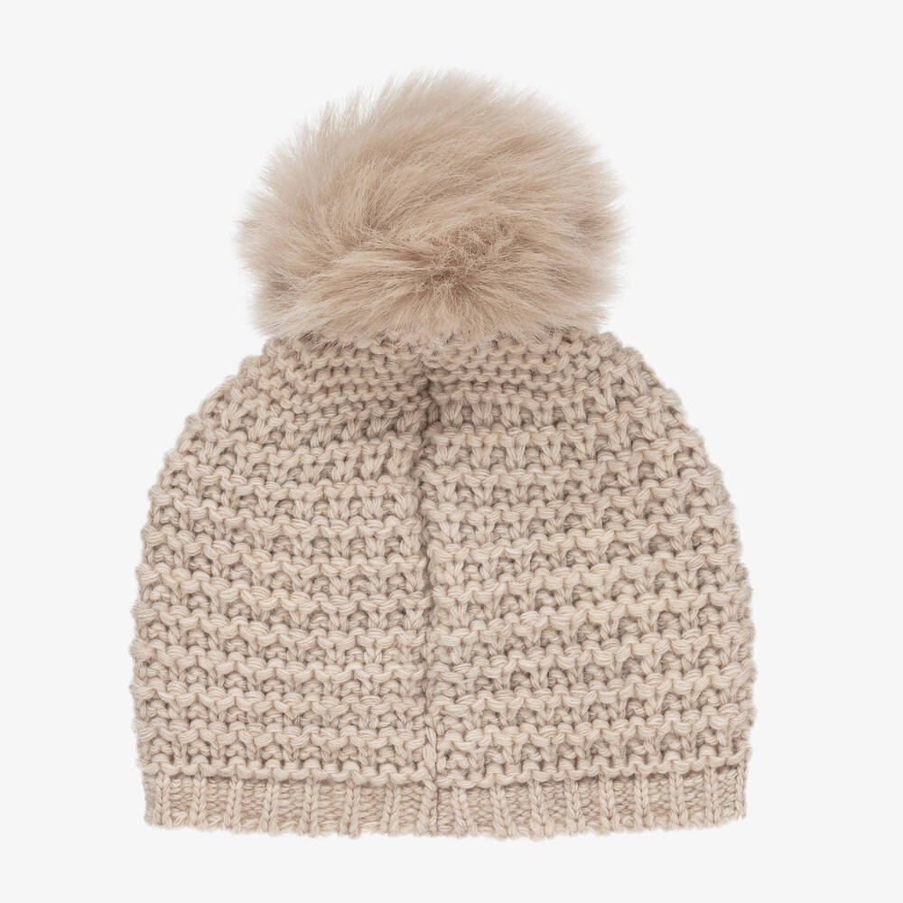 PAZ Rodríguez-Beige Wool Knit Pom-Pom Hat | Childrensalon