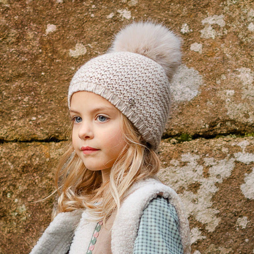 PAZ Rodríguez-Beige Wool Knit Pom-Pom Hat | Childrensalon