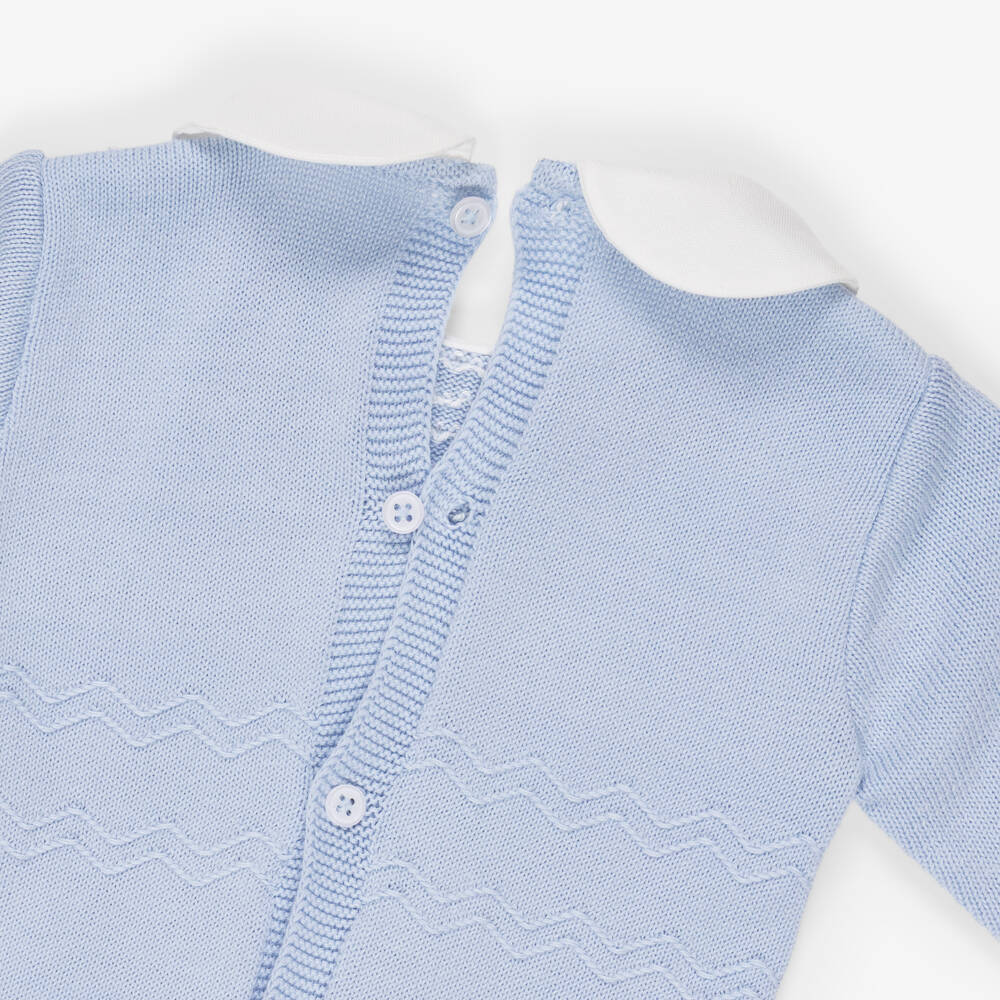 PAZ Rodríguez-Blue Cotton Knit Babygrow with Knot Stitch Detail  | Childrensalon