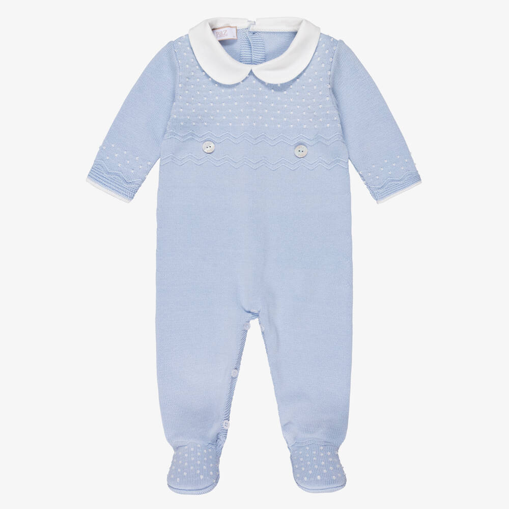 PAZ Rodríguez-Blue Cotton Knit Babygrow with Knot Stitch Detail  | Childrensalon