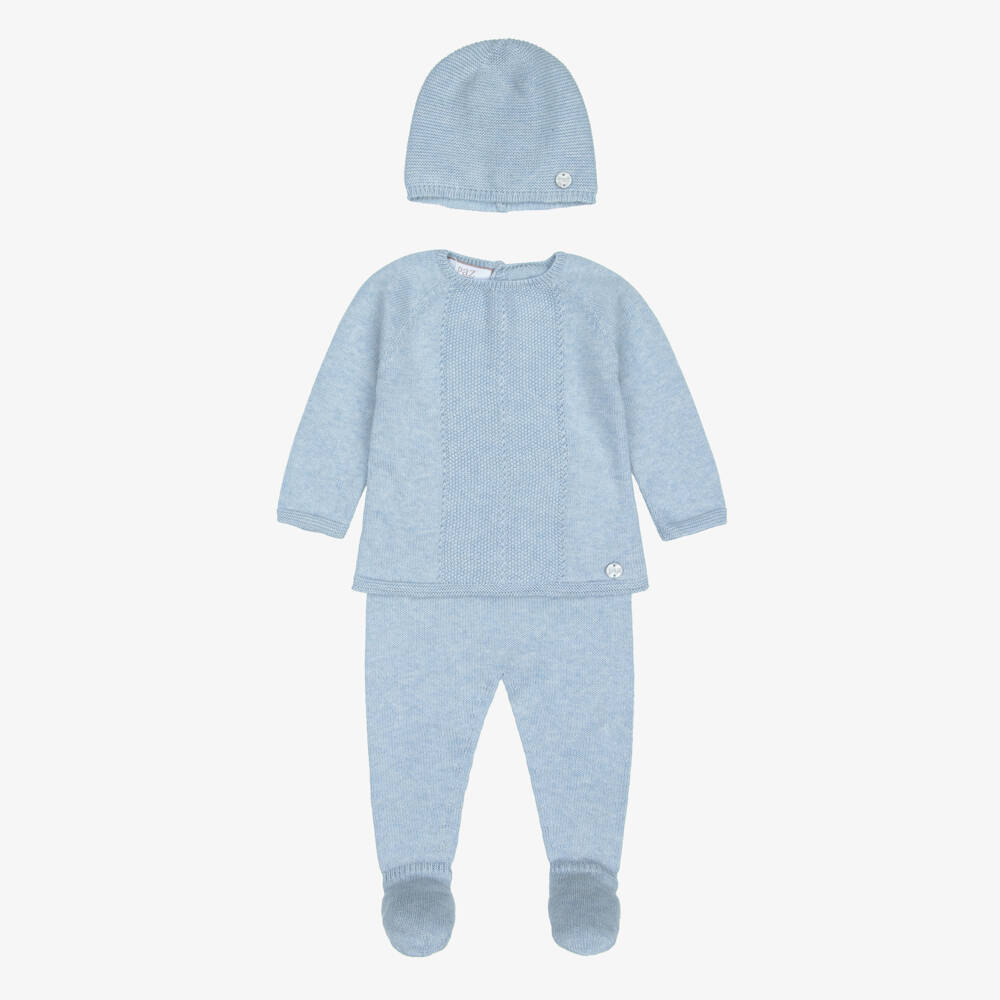 PAZ Rodríguez-Blue Cotton Knit Babysuit Gift Set with Blanket | Childrensalon