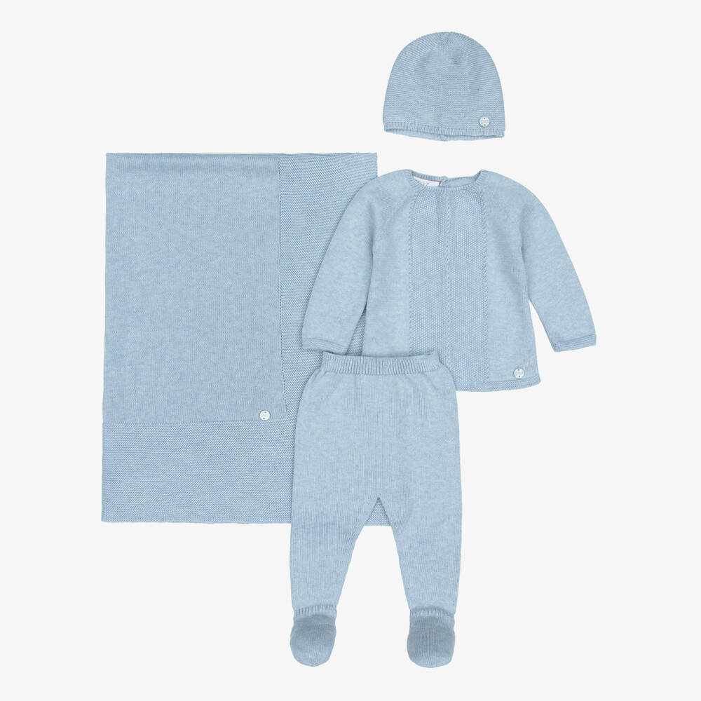 PAZ Rodríguez-Blue Cotton Knit Babysuit Gift Set with Blanket | Childrensalon