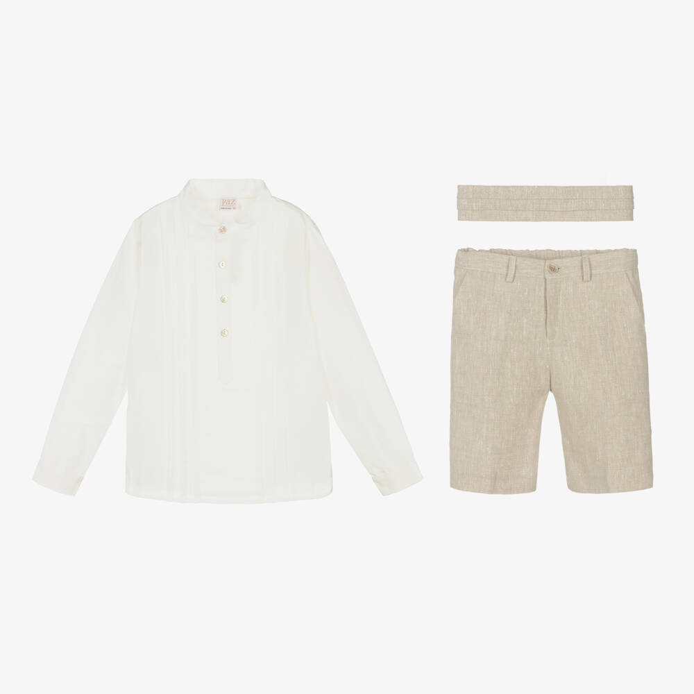 PAZ Rodríguez-Boys Beige Linen Shorts Set | Childrensalon