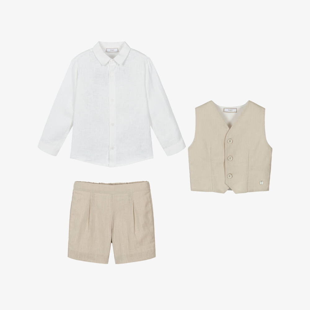 PAZ Rodríguez-Boys Beige Linen Waistcoat & Shorts Set | Childrensalon