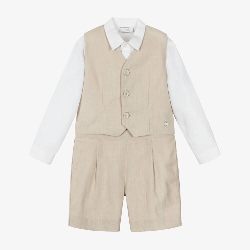 PAZ Rodríguez-Boys Beige Linen Waistcoat & Shorts Set | Childrensalon