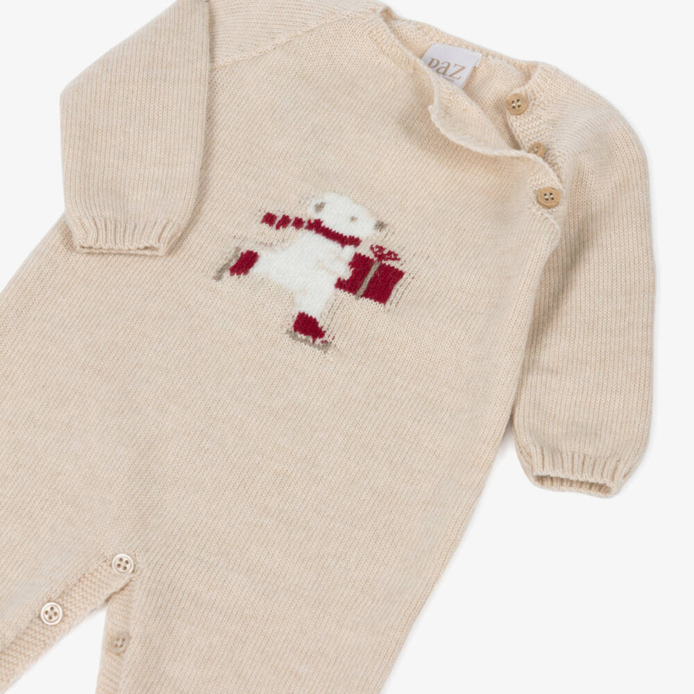 PAZ Rodríguez-Boys Beige Wool Knit Festive Babygrow | Childrensalon