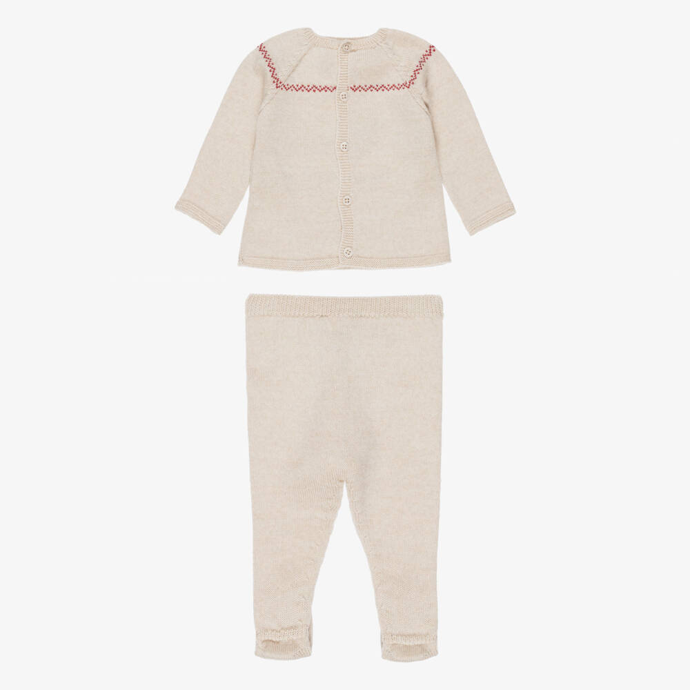 PAZ Rodríguez-Boys Beige Wool Knit Rocking Horse 2 Piece Babygrow | Childrensalon
