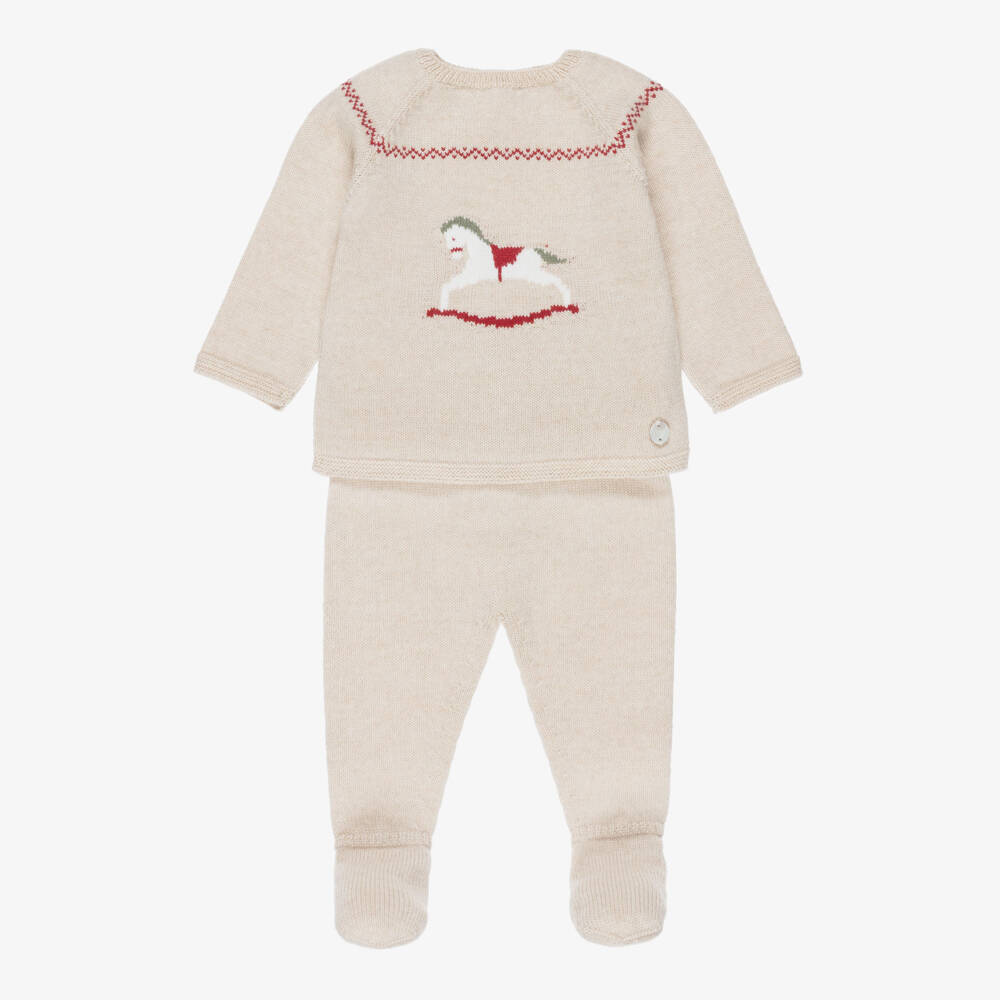PAZ Rodríguez-Boys Beige Wool Knit Rocking Horse 2 Piece Babygrow | Childrensalon
