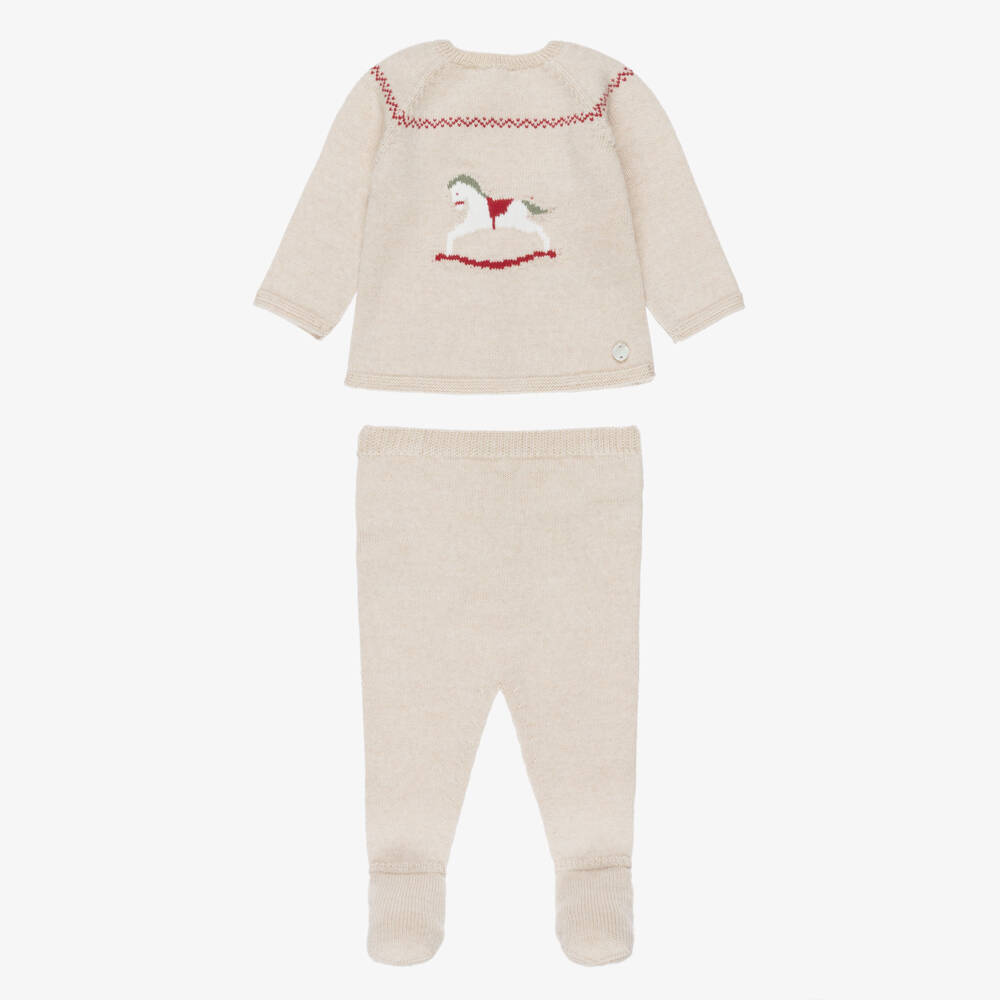 PAZ Rodríguez-Boys Beige Wool Knit Rocking Horse 2 Piece Babygrow | Childrensalon