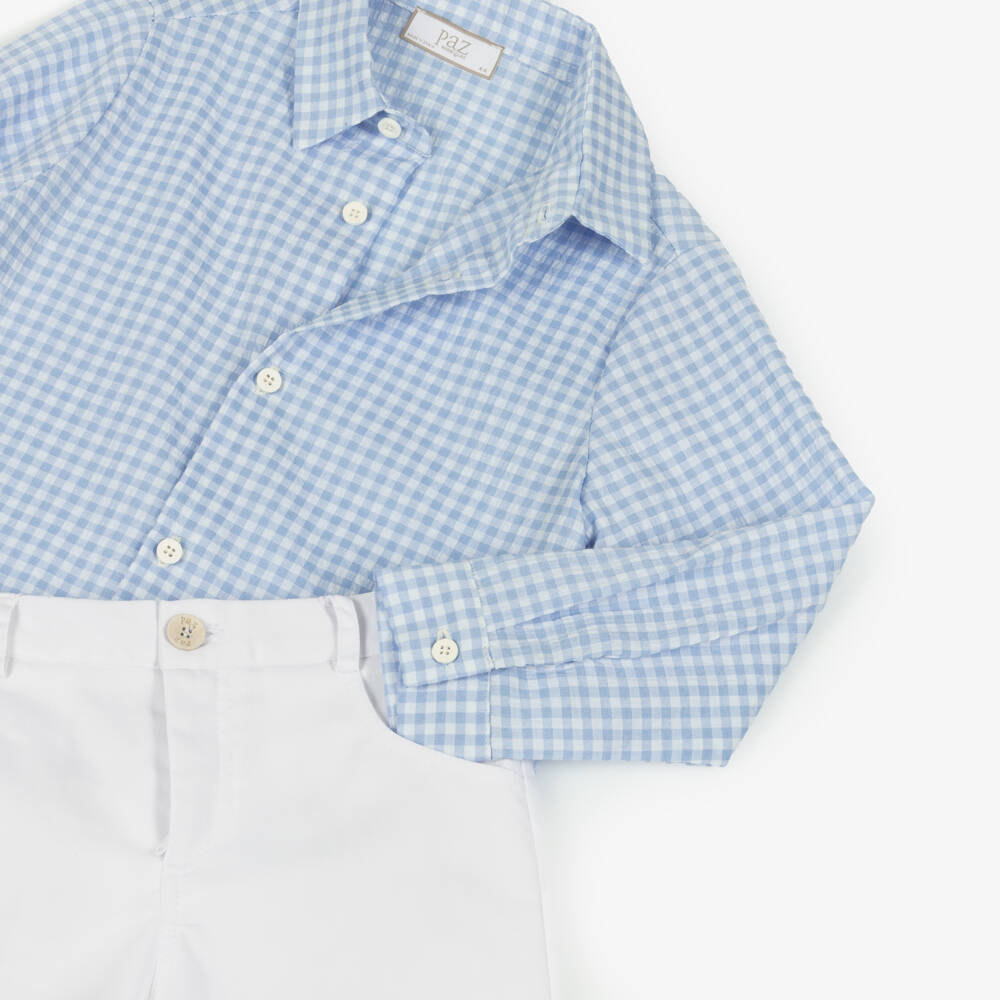 PAZ Rodríguez-Boys Blue Gingham Shirt & White Shorts Set | Childrensalon