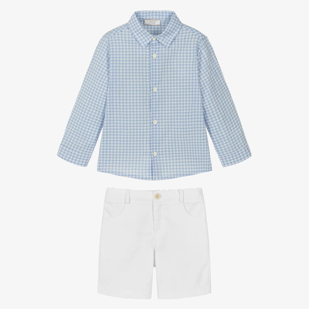 PAZ Rodríguez-Boys Blue Gingham Shirt & White Shorts Set | Childrensalon