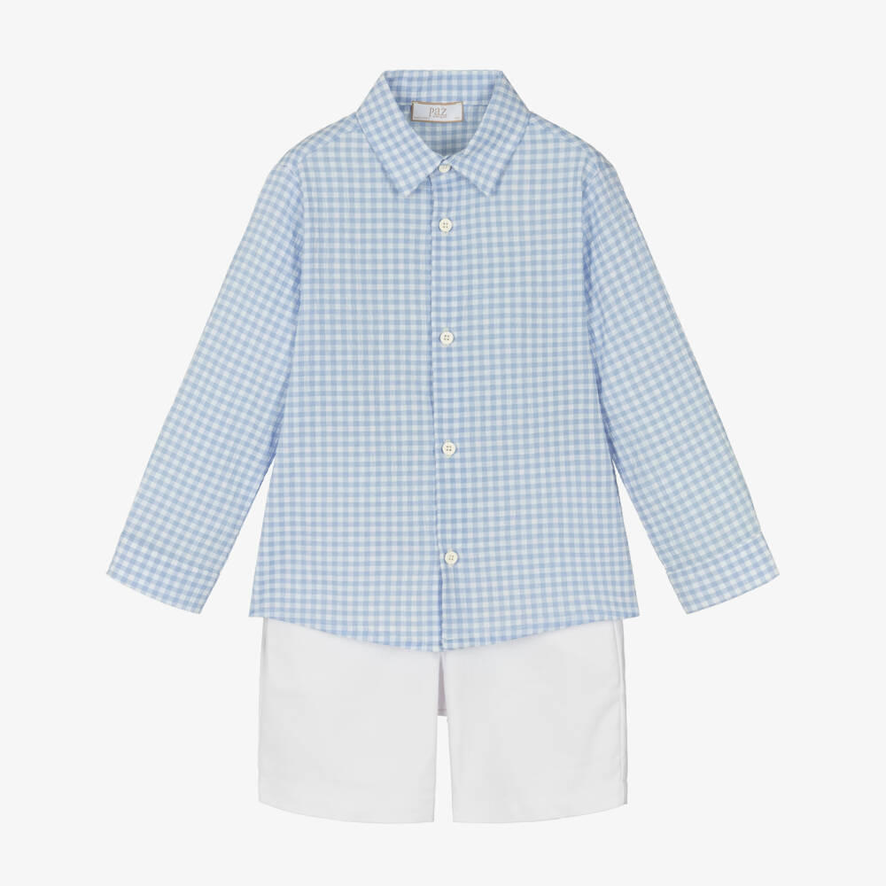 PAZ Rodríguez-طقم قميص وشورت بمربعات لون أبيض وأزرق للأولاد | Childrensalon