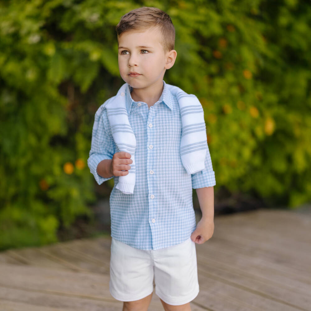 PAZ Rodríguez-Boys Blue Gingham Shirt & White Shorts Set | Childrensalon
