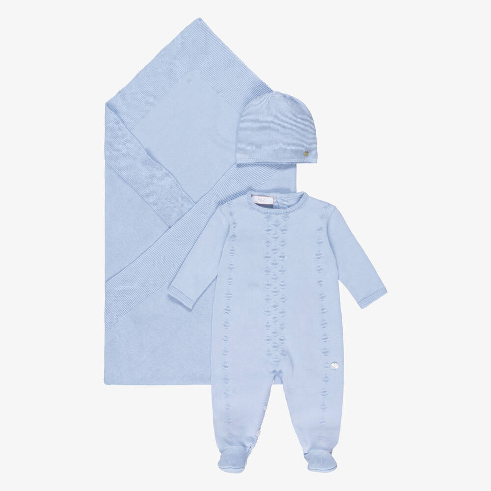 PAZ Rodríguez-Boys Blue Knitted Cotton Babysuit & Blanket Set | Childrensalon