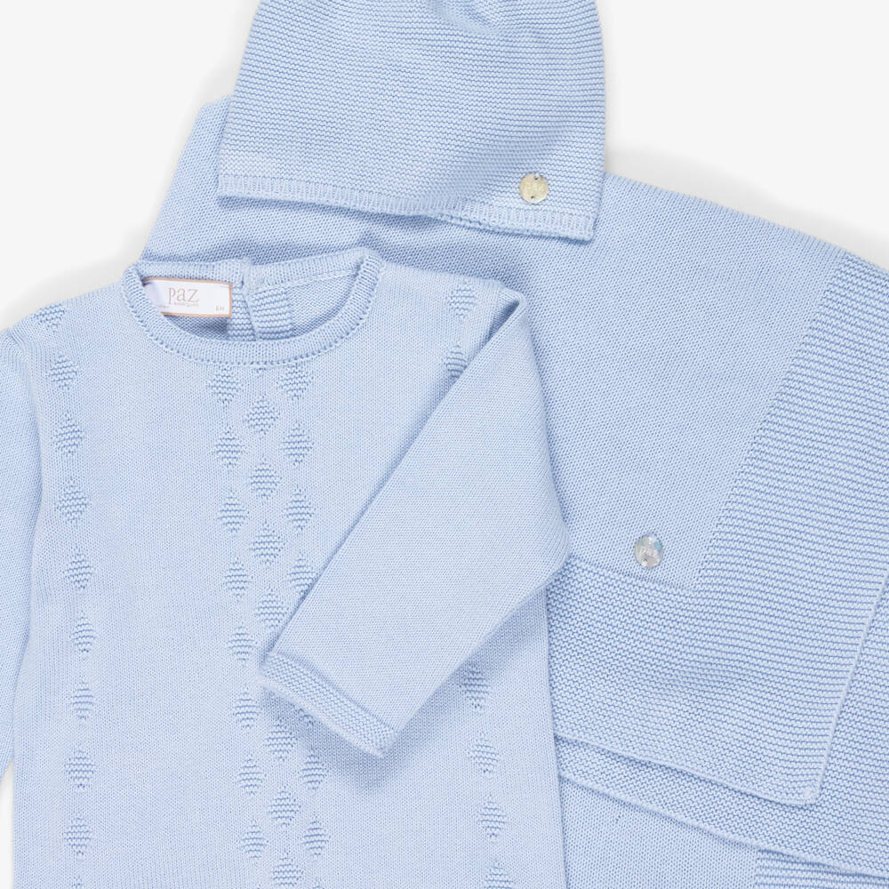 PAZ Rodríguez-Boys Blue Knitted Cotton Babysuit & Blanket Set | Childrensalon