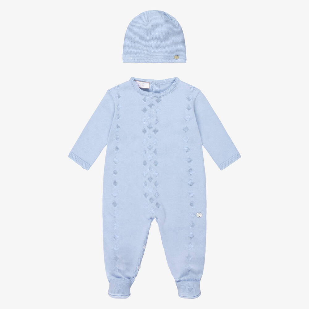 PAZ Rodríguez-Boys Blue Knitted Cotton Babysuit & Blanket Set | Childrensalon