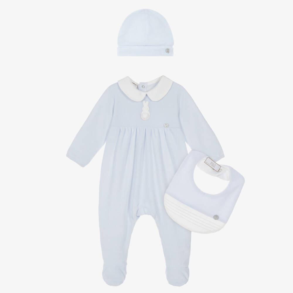 PAZ Rodríguez-Boys Blue Velour Babysuit Set with Hat & Bib | Childrensalon