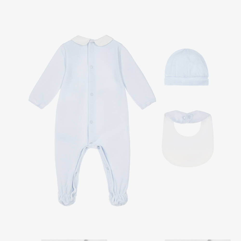 PAZ Rodríguez-Boys Blue Velour Babysuit Set with Hat & Bib | Childrensalon