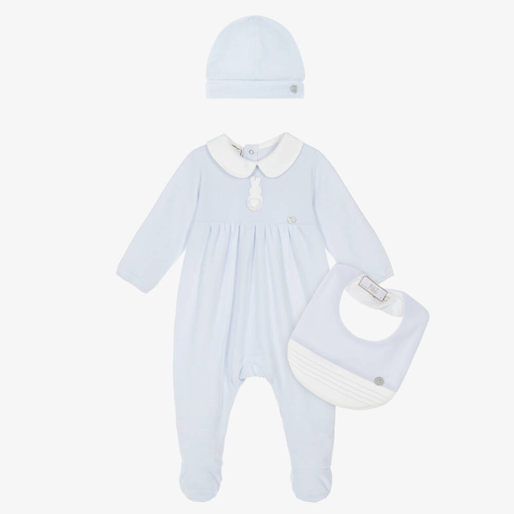 PAZ Rodríguez-Boys Blue Velour Babysuit Set with Hat & Bib | Childrensalon
