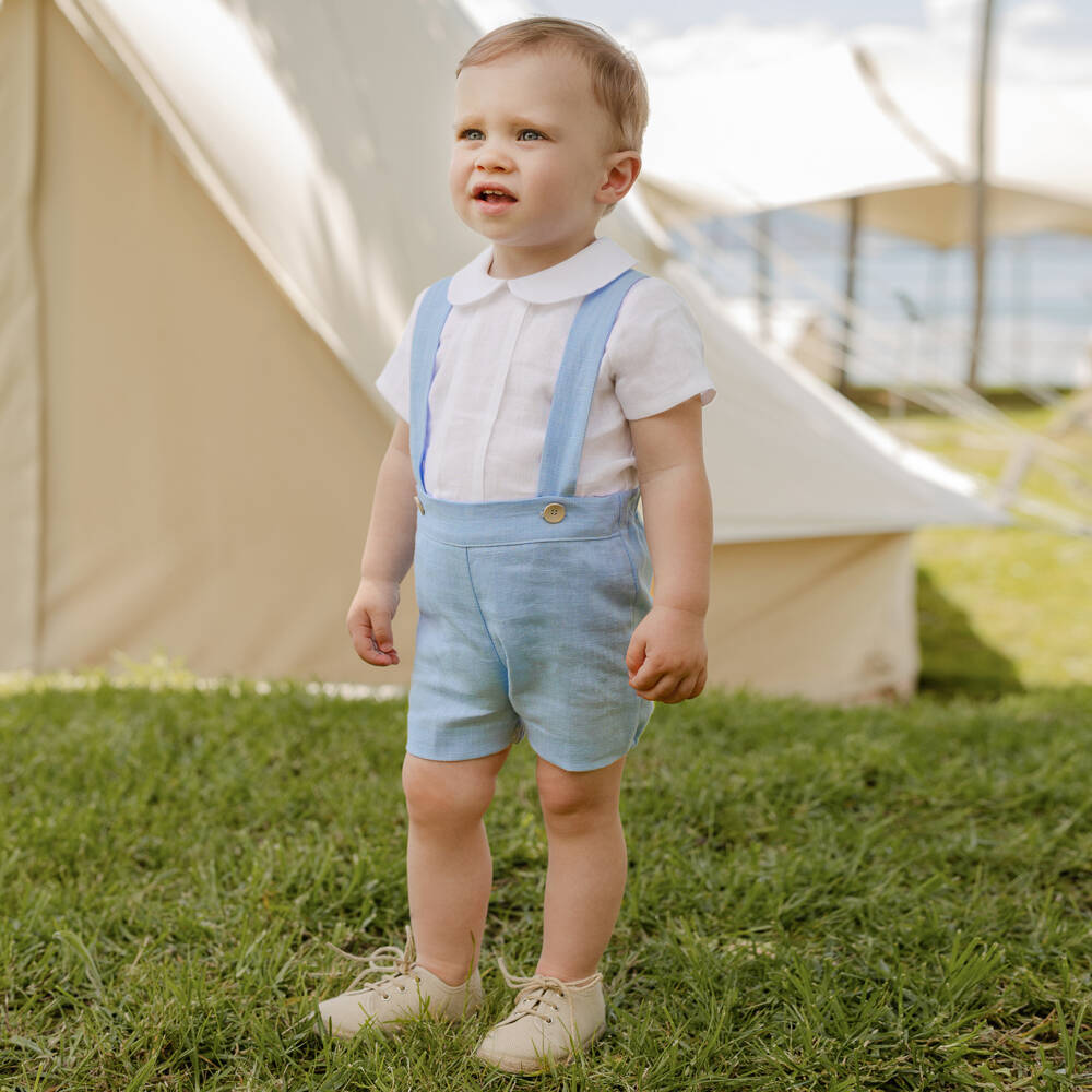 PAZ Rodríguez-Boys Blue & White Linen Shorts Set | Childrensalon