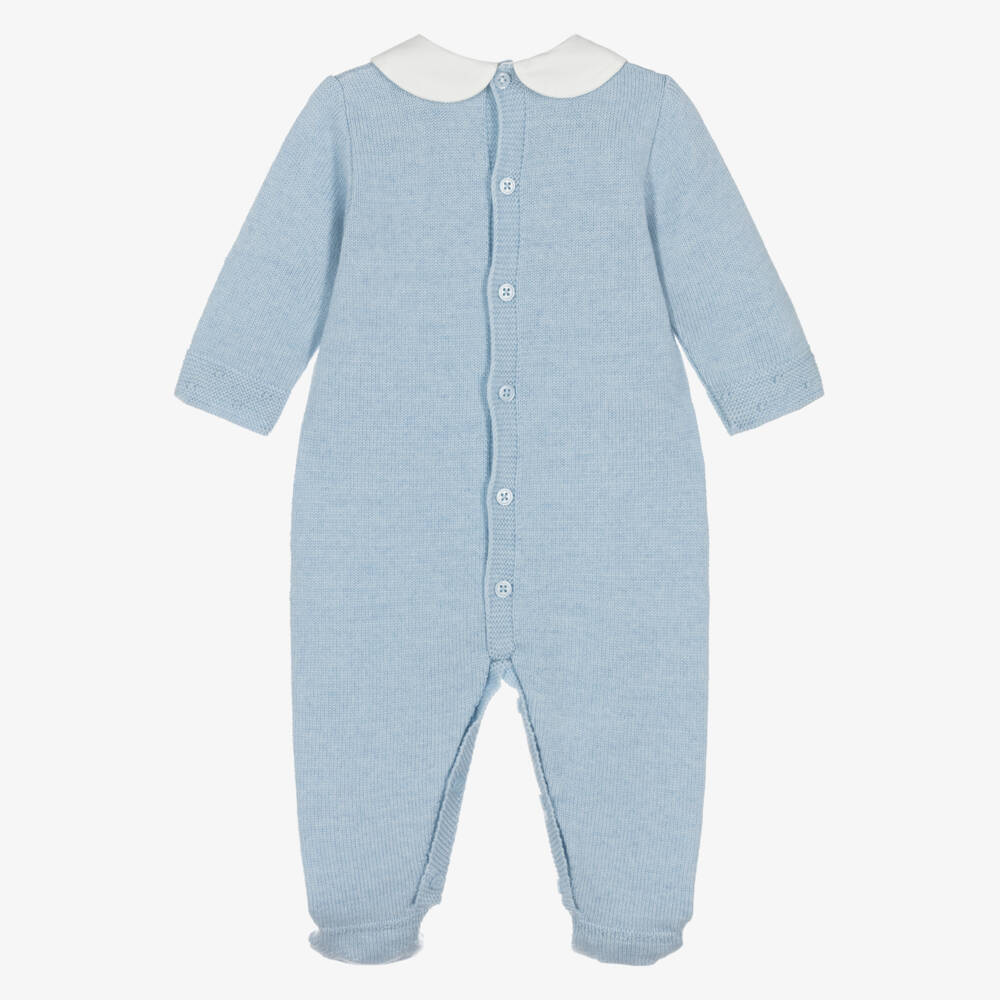 PAZ Rodríguez-Boys Blue Wool Knit Babygrow with White Collar | Childrensalon