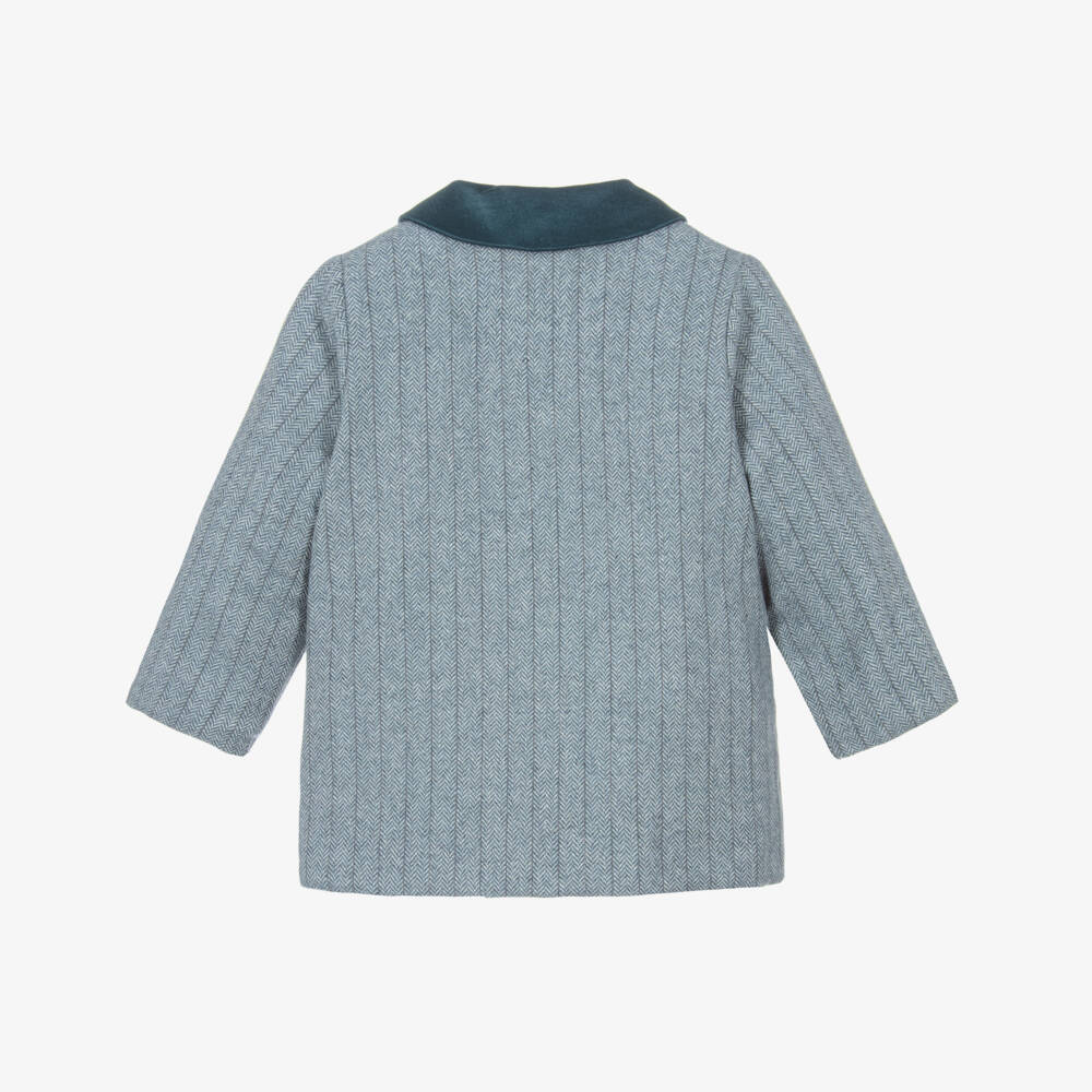 PAZ Rodríguez-Пальто голубое из смеси шерсти с бархатной отделкой для мальчиков | Childrensalon