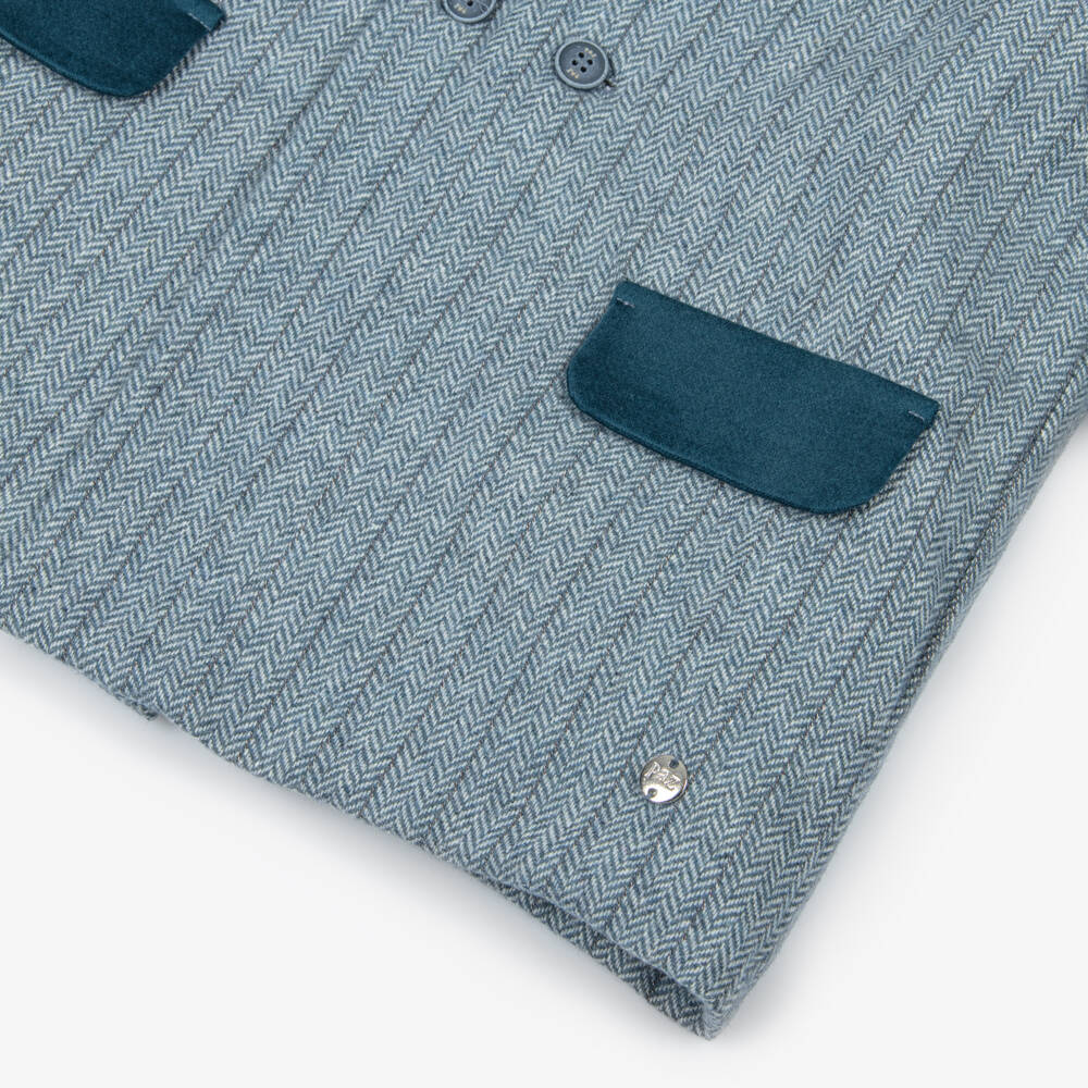 PAZ Rodríguez-Пальто голубое из смеси шерсти с бархатной отделкой для мальчиков | Childrensalon