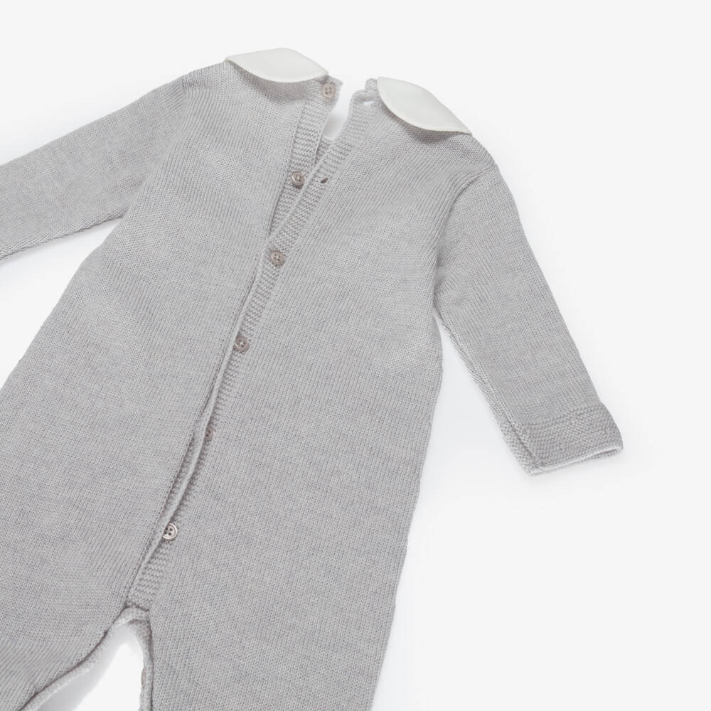 PAZ Rodríguez-Boys Dove Grey Wool Knit Babygrow with White Collar | Childrensalon