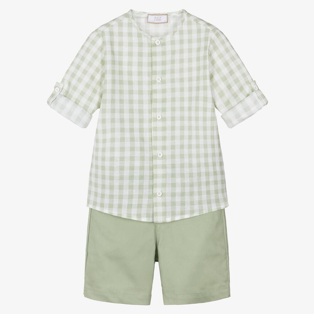 PAZ Rodríguez-طقم قميص وشورت بنقشة مربعات لون أخضر للأولاد | Childrensalon