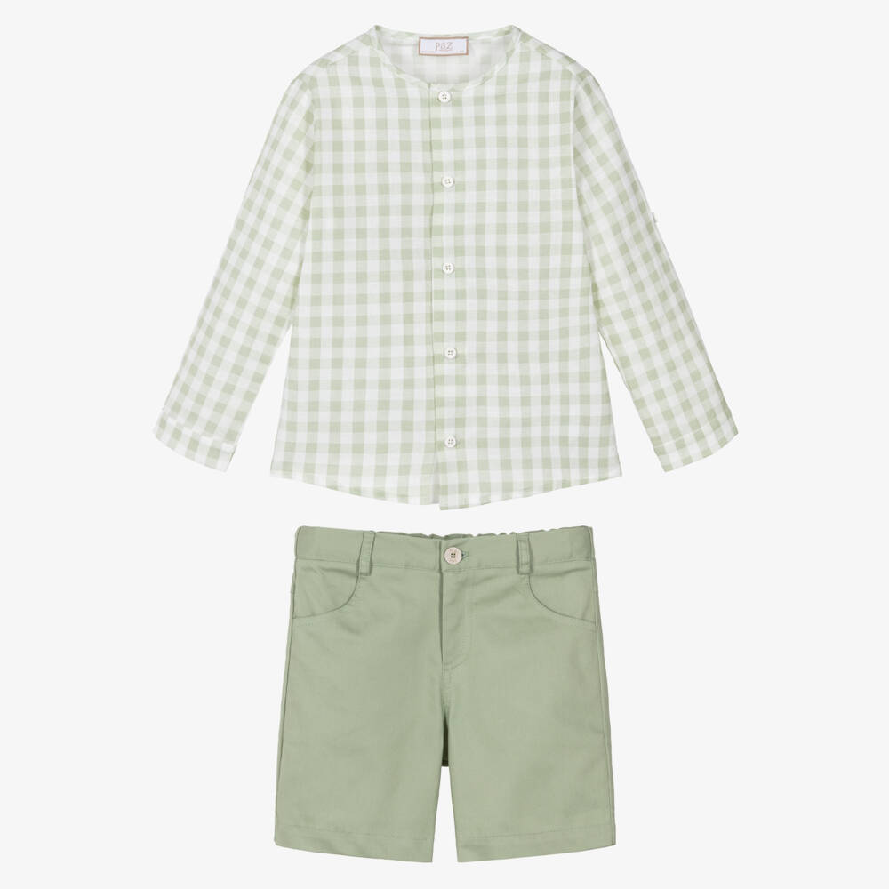 PAZ Rodríguez-Boys Green Gingham Shirt & Shorts Set | Childrensalon