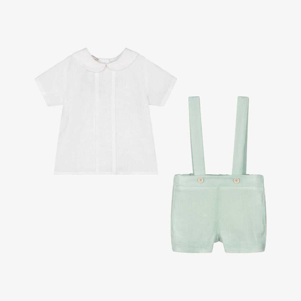PAZ Rodríguez-Boys Green & White Linen Shorts Set | Childrensalon