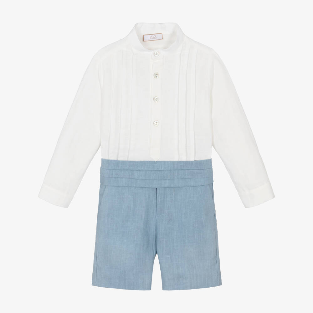 PAZ Rodríguez-Boys Ivory & Blue Linen Shorts Set | Childrensalon