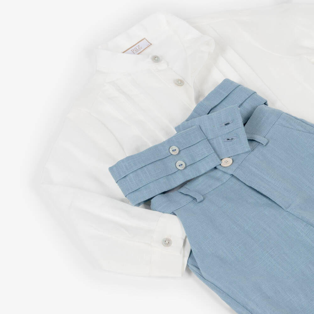 PAZ Rodríguez-Boys Ivory & Blue Linen Shorts Set | Childrensalon
