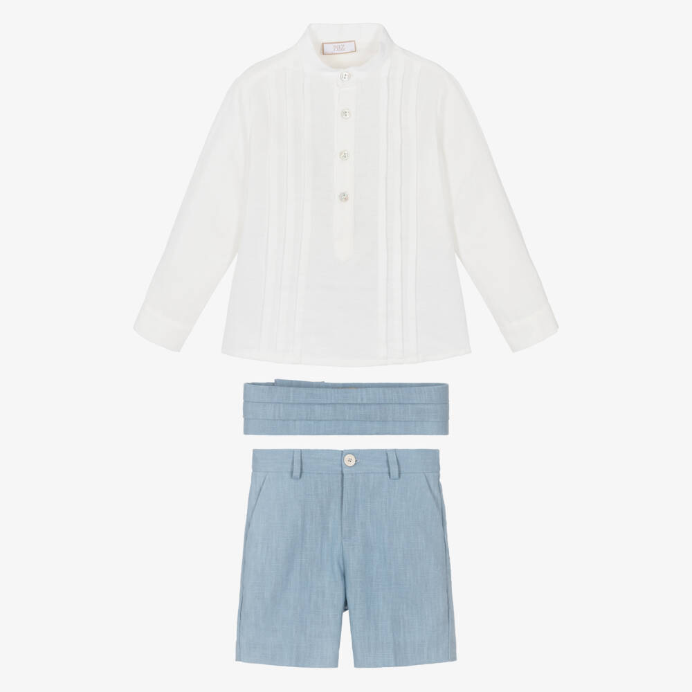 PAZ Rodríguez-Boys Ivory & Blue Linen Shorts Set | Childrensalon